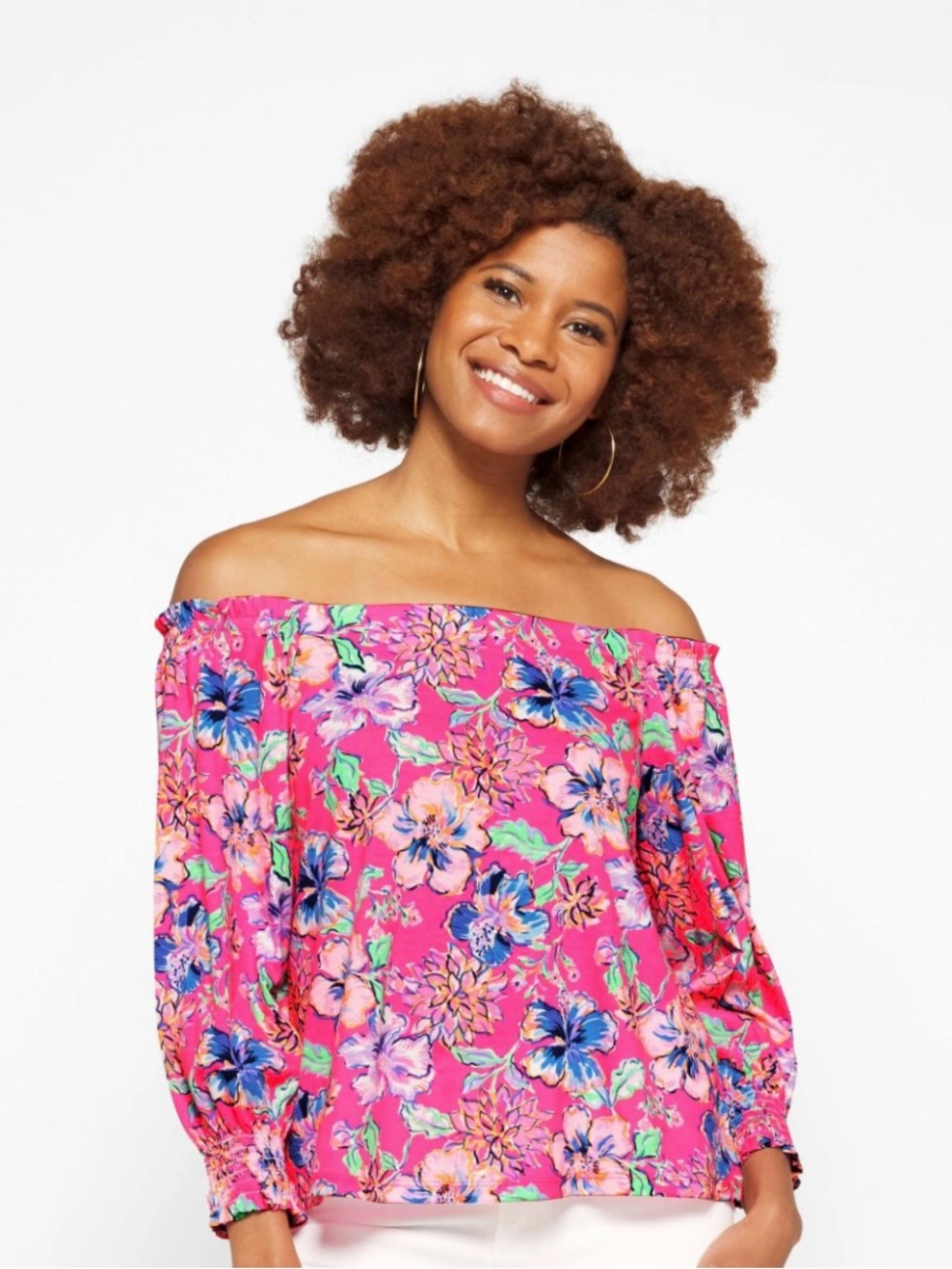 NWOT Lilly Pulitzer Cotton Lessa Pink Isle Floral Off the Shoulder Top L